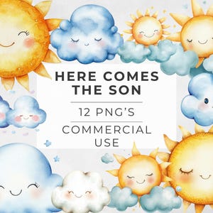 Hier kommt der Sohn Clipart, Aquarell Baby Shower Clipart-Bilder, Sonnenschein und Wolken, transparente PNG, digitaler Download, kommerzielle Nutzung