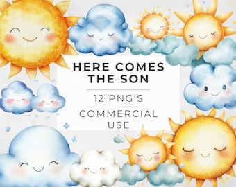 Here Comes the Son Clipart, Watercolor Baby Shower Clipart Images, Sunshine and Clouds,  Transparent PNG, Digital Download, Commercial Use