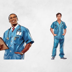 Puede incluir: Dos personas con batas azules y estetoscopios. Una persona sostiene un portapapeles.