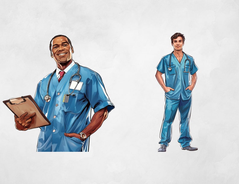 Puede incluir: Dos personas con batas azules y estetoscopios. Una persona sostiene un portapapeles.