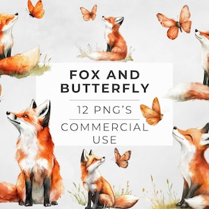 Clipart renard et papillon, aquarelle animal des bois, Images de scrapbooking, PNG transparents, motifs par sublimation, illustrations, usage Commercial