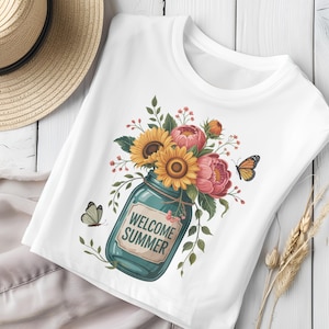 Summer Floral Jar PNG: Sunflower, Peony, Butterfly Design (Digital Download)