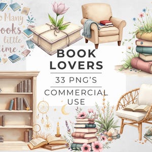 Book Lover Clipart Set Transparent PNG, Cozy Book Decor, Reading Corner Graphics, Books and Flowers Bundle