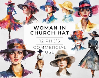 May include: A digital illustration set of 12 watercolor paintings featuring women wearing various styles of church hats. The hats are in a variety of colors and designs, including red, blue, yellow, and purple. The women are depicted in different poses and expressions, with some looking directly at the viewer and others looking away. The text "WOMAN IN CHURCH HAT" is written in large, bold letters at the top of the image. The text "12 PNG'S" is written below the title, and the text "COMMERCIAL USE" is written below that.