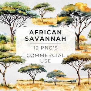 Clipart savana africana, paesaggio acquerello, giraffa, safari, Africa, Thorntree, PNG trasparente, uso commerciale, disegni a sublimazione