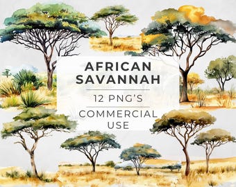 Imágenes prediseñadas de sabana africana en acuarela: paisaje de safari PNG (uso comercial)