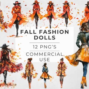 Clipart di donne alla moda autunnale, bambole di carta acquerello, Boss Babe, modella femminile, PNG trasparente, disegni a sublimazione, uso commerciale