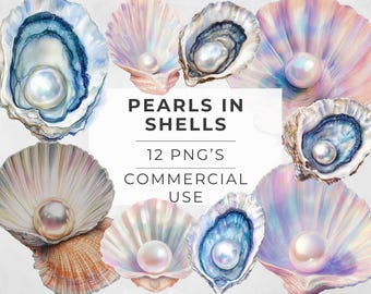 Watercolor Sea Shells & Pearls Clipart: Transparent PNG Designs