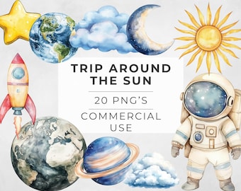Trip Around The Sun Clipart, Watercolor 1st Trip Around The Sun Birthday Invite, Sublimation Designs, Commercial Use, Transparent PNG