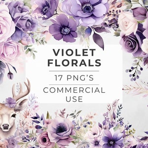 Clipart de aquarela violeta, floral, pacote de flores, clipart de casamento, convite, veado, coroa de grinalda, imagens de scrapbook, png, DOWNLOAD DIGITAL