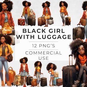 Fille noire avec des cliparts de bagages, voyage femme, mode, femmes afro-américaines, PNG Transparent, usage commercial, motifs par sublimation