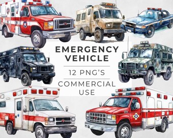 Emergency Vehicle Clipart, Watercolor Ambulance, Police Car, Firetruck, Paramedic,  Transparent PNG, DIGITAL DOWNLOAD, Commercial Use