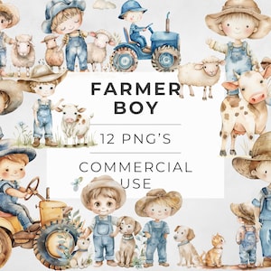 Clipart ragazzo contadino, trattore, animale da fattoria, pecora, mucca, cane, gatto, PNG vita in fattoria, bambino contadino, rustico, download digitale, uso commerciale