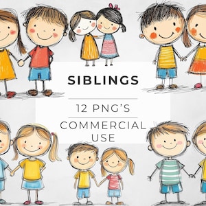 Clipart de irmãos, família, melhores amigos, irmão e irmã, irmãs, rabiscos, desenhos, PNG transparente, DOWNLOAD DIGITAL, uso comercial