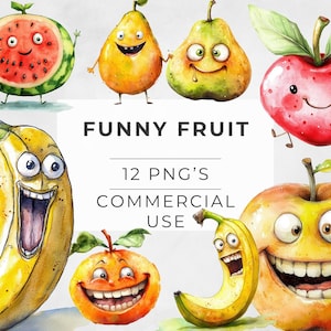 Clipart drôle de fruits, nourriture aquarelle idiote, fruits mignons, fraise, banane, PNG Transparent, téléchargement numérique, instantané, usage Commercial
