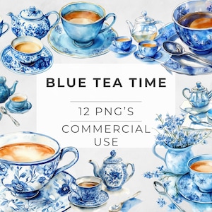 May include: A set of 12 watercolor illustrations of blue and white teacups, teapots, and saucers. The illustrations are perfect for creating digital or printed designs for tea-themed products.
