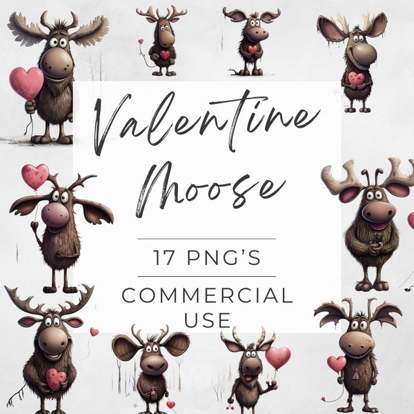 Valentines Woodland Clipart, Quirky Moose, Weird, Odd, Transparent PNG, Happy Valentine's Day, Watercolor, DIGITAL DOWNLOAD, Commercial Use