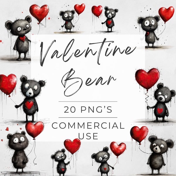 Valentines Woodland Clipart, Quirky Bears, Weird Bear, Transparent PNG, Happy Valentine's Day, Watercolor, DIGITAL DOWNLOAD, Commercial Use