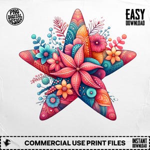 Floral Star PNG, Flower Star Clipart, Boho Star Png, Floral Png, Flower Clipart, Sublimation Png, Digital Download, Transparent PNG