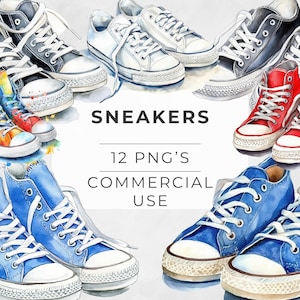 Sneaker schoenen clipart, aquarel mode schoeisel, sport, rood, blauw, zwart, transparante png, digitale download, instant, commercieel gebruik