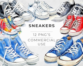 Clipart di scarpe da ginnastica ad acquerello: calzature alla moda PNG (download digitale)