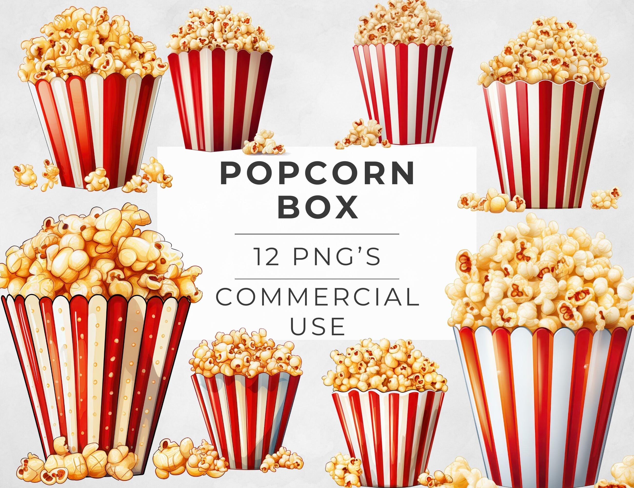 Popcorn Box Clipart, Cinema Images, Movie Snacks, Carousal Popcorn, Popped Corn Box, Transparent PNG, Commercial Use, Sublimation Designs