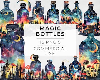 Magic Potion Bottle Clipart, Fantasy Watercolor. Fairy, Witch, Bottled Magic, Pagan Junk Journal Images, Commercial Use, Transparent PNG,