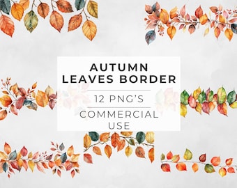 Autumn Leaf Clipart Border, Watercolor Fall Leaves, Thanksgiving Foliage, Plants, Sublimation Designs, Commercial Use, Transparent PNG