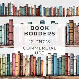 Könnte beinhalten: Zwölf digitale Illustrationen von Buchbordüren, jede mit einer anderen Anordnung von bunten, Vintage-Büchern auf einem Holzregal. Der Text "BOOK BORDERS", "12 PNG'S" und "COMMERCIAL USE" ist im Bild enthalten.