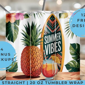 Tropical Pineapple Surfboard Tumbler Wrap: Summer Vibes PNG (Digital Download)
