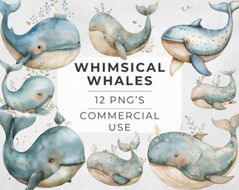 Aquarell Wal Clipart: Wunderliche Ozean Tiere (PNG, Kommerzielle Nutzung)