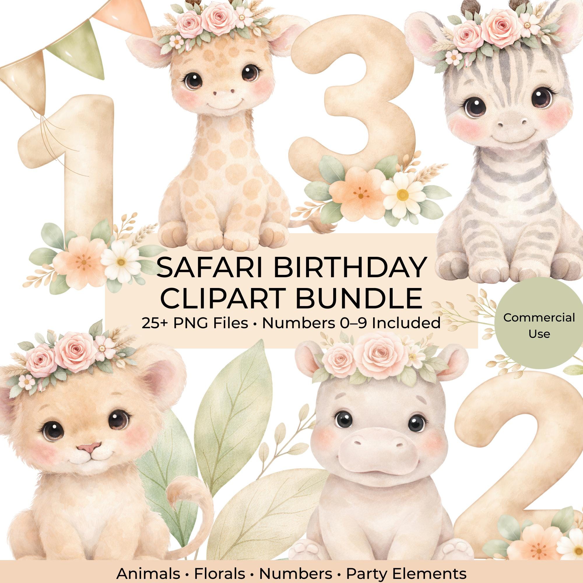 Safari Birthday Clipart Girl Bundle, Watercolor Jungle Animals PNG ...
