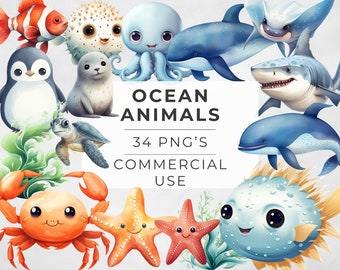 Watercolor Ocean Animals Clipart: 34 PNG Graphics (Commercial Use)