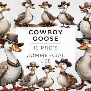 Cowboy Gans Clipart, Alberne, Sublimationsdesign, Aquarell, Jagd, Vogel, Transparente PNG, Digital Download, SOFORTIG, kommerzielle Nutzung