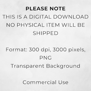 Puede incluir: Texto sobre un fondo blanco que dice "PLEASE NOTE THIS IS A DIGITAL DOWNLOAD NO PHYSICAL ITEM WILL BE SHIPPED Format: 300 dpi, 3000 pixels, PNG Transparent Background Commercial Use"