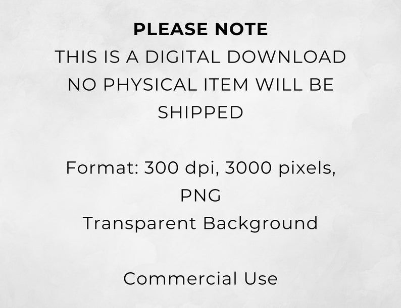 Puede incluir: Texto sobre un fondo blanco que dice "PLEASE NOTE THIS IS A DIGITAL DOWNLOAD NO PHYSICAL ITEM WILL BE SHIPPED Format: 300 dpi, 3000 pixels, PNG Transparent Background Commercial Use"