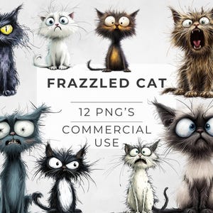 Frazzled Cat Clipart, Watercolor Funny Cat, Quirky Ephemera, Scrapbook, Transparent PNG, Sublimation Designs, Illustrations, Commercial Use