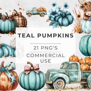 Teal Pumpkin Clipart: Watercolor Fall Harvest PNG (Digital Download)