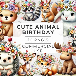 Clipart fête d'anniversaire animal mignon, animaux de la forêt anniversaire PNG ensemble de cliparts aquarelle, clipart célébration animaux de la forêt