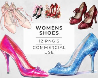 Women Shoes Clipart, Watercolor Footwear, High Heels, Fashion, Sneakers, Ballet Shoes,  Sublimation Designs, Commercial Use, Transparent PNG