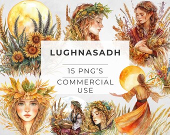 May include: A digital illustration set of 15 watercolor PNG images featuring a whimsical summer harvest theme. The images include women with floral crowns, sunflowers, wheat, and moons. The text "Lughnasadh 15 PNG's Commercial Use" is included in the image.