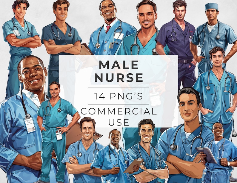 Puede incluir: Un conjunto de ilustraciones digitales de 14 enfermeros masculinos en varias poses con uniformes azules y estetoscopios. El texto "MALE NURSE 14 PNG'S COMMERCIAL USE" se muestra en el centro de la imagen.