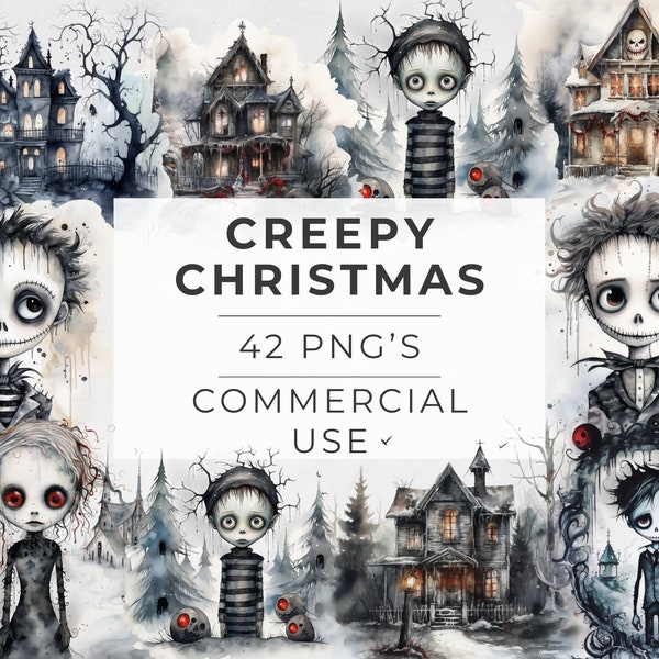 Creepy Christmas Clipart, Watercolor, Commercial Use, Transparent PNG, 300 dpi, Tim Burton Inspired, Holiday Designs, Winter Xmas, Gothic