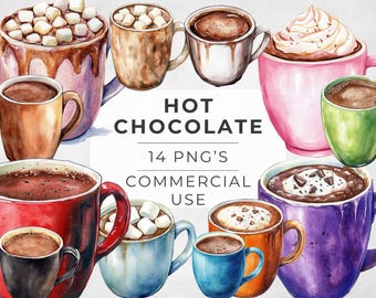 Hot Chocolate Mug Clipart, Watercolor Winter Drink, Holiday Hot Cocoa, Warm Drinks, Transparent PNG, Commercial Use, Sublimation Designs
