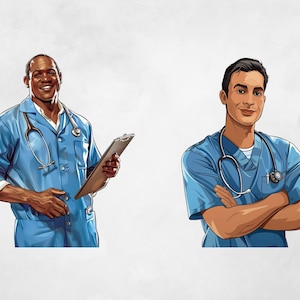 Puede incluir: Dos m&eacute;dicos, uno con un estetoscopio y un portapapeles, y el otro con un estetoscopio y los brazos cruzados, vistiendo batas azules.