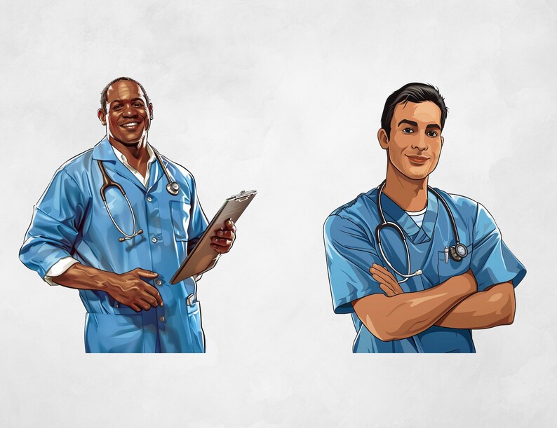 Puede incluir: Dos m&eacute;dicos, uno con un estetoscopio y un portapapeles, y el otro con un estetoscopio y los brazos cruzados, vistiendo batas azules.