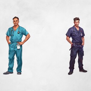 Puede incluir: Dos hombres con batas m&eacute;dicas, uno azul y otro turquesa, ambos con estetoscopios alrededor del cuello. Est&aacute;n de pie con las manos en las caderas, mirando a la c&aacute;mara.