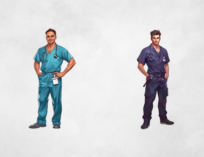 Puede incluir: Dos hombres con batas m&eacute;dicas, uno azul y otro turquesa, ambos con estetoscopios alrededor del cuello. Est&aacute;n de pie con las manos en las caderas, mirando a la c&aacute;mara.