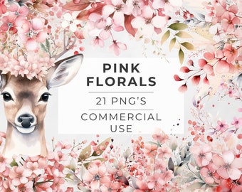 Pink Floral Transparent Background Clipart, Watercolor Flowers Pack, Wedding Invitation, Deer Crown, Wreath, Bouquet, png, DIGITAL DOWNLOAD