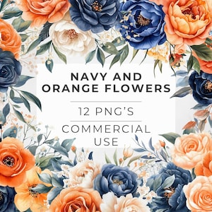 Clipart Navy Orange Blumen, Aquarell Blumen, Rosen, Pfingstrosen, Gebrannte Orange, Blau, Transparent PNG, DIGITAL DOWNLOAD, kommerzielle Nutzung